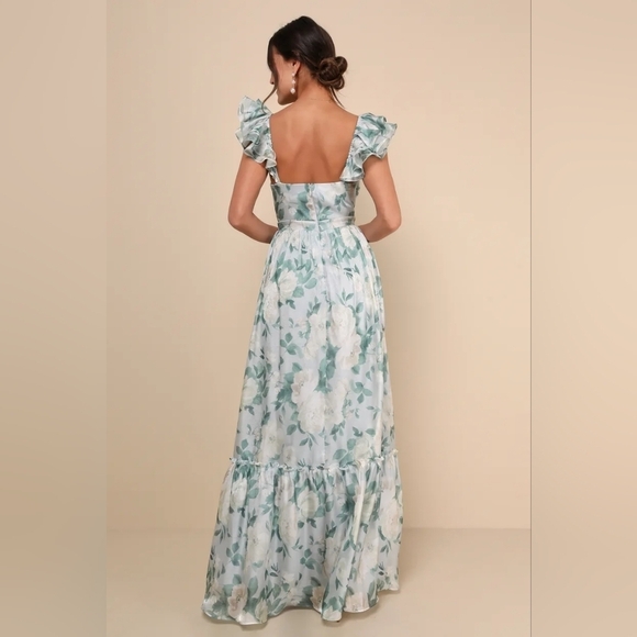Lulus Soiree Perfection Light Blue Floral Ruffled Tiered Maxi Dress M Wedding - Picture 5 of 11